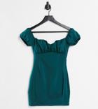 Asos Design Petite Milkmaid Bardot Mini Dress In Forest Green-multi
