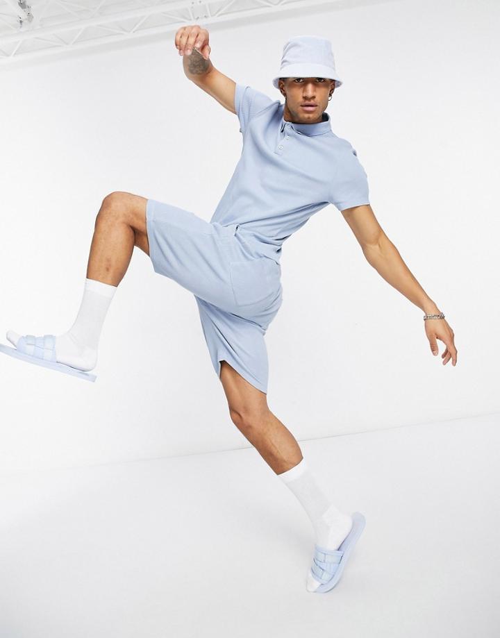 Asos Design Set Skinny Shorts In Waffle With Pin Tucks In Pastel Blue-blues