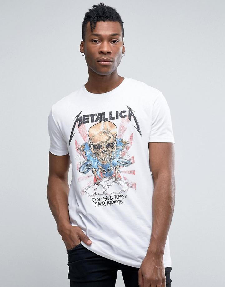 Asos Metallica Longline Band T-shirt With Skull Print - White