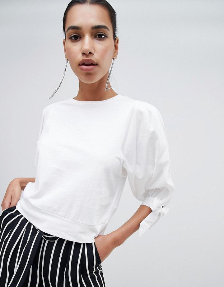 Boohoo Balloon Sleeve Tie Detail Top - White