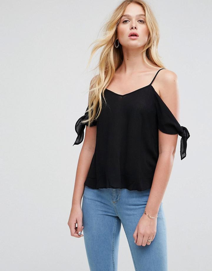 Asos Cold Shoulder Cami In Crinkle With Tie Sleeve - Black