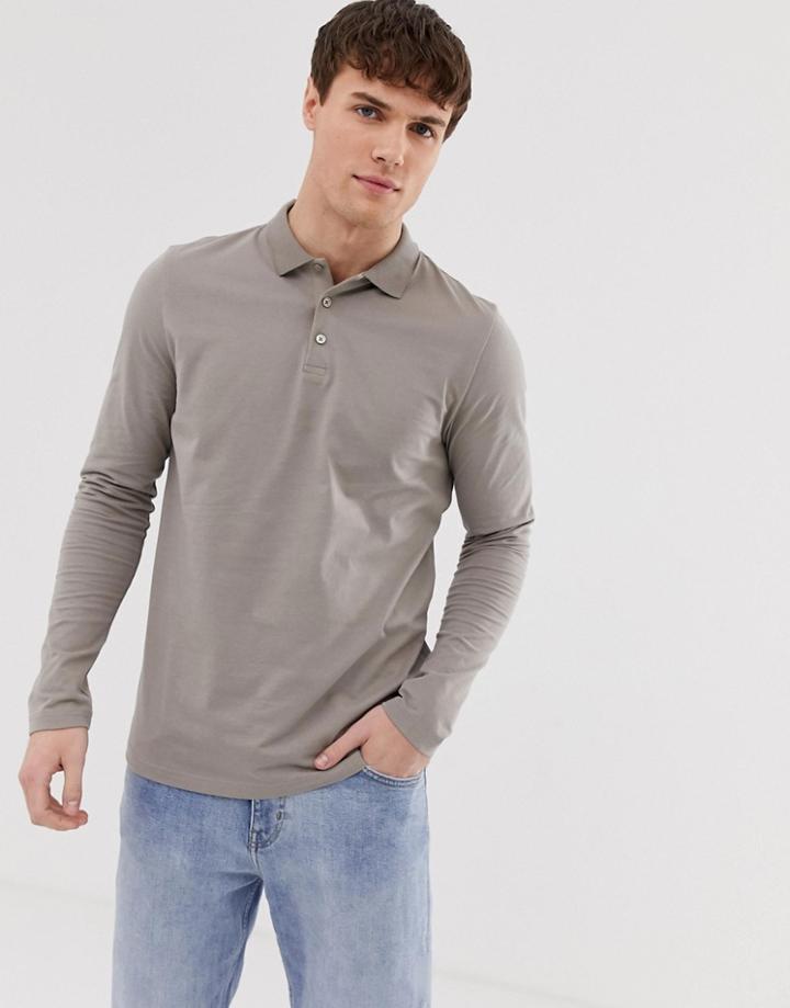 Asos Design Long Sleeve Jersey Polo In Beige - Beige