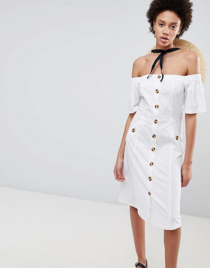 Asos Button Through Off Shoulder Midi Dress - White