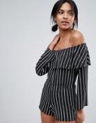 Daisy Street Off The Shoulder Stripe Romper With Frill Detail - Black
