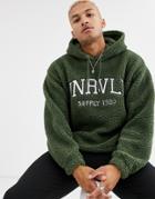Asos Design Oversized Hoodie In Borg With Varsity Style Embroidery In Green
