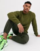 Bershka Cable Knit Sweater In Khaki-green