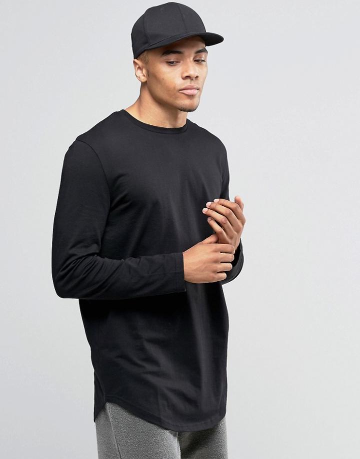 Asos Relaxed Longline Long Sleeve T-shirt With Curve Hem In Black - Black