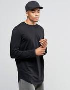 Asos Relaxed Longline Long Sleeve T-shirt With Curve Hem In Black - Black