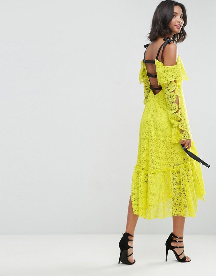 Asos Lace Patchwork Contrast Strapping Midi Dress - Yellow