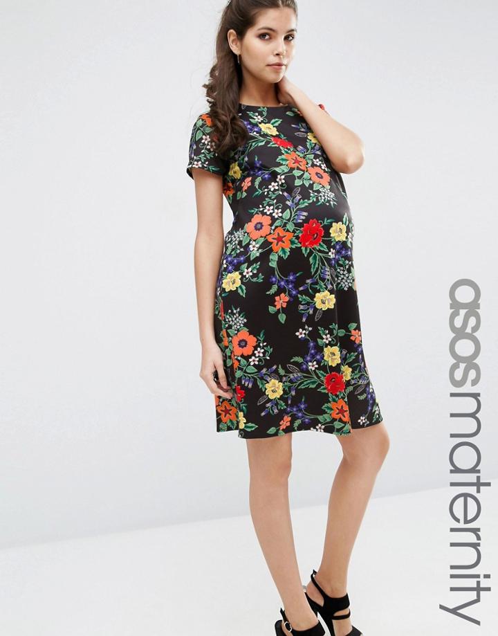 Asos Maternity Scuba T-shirt Dress In Dark Floral Print - Multi