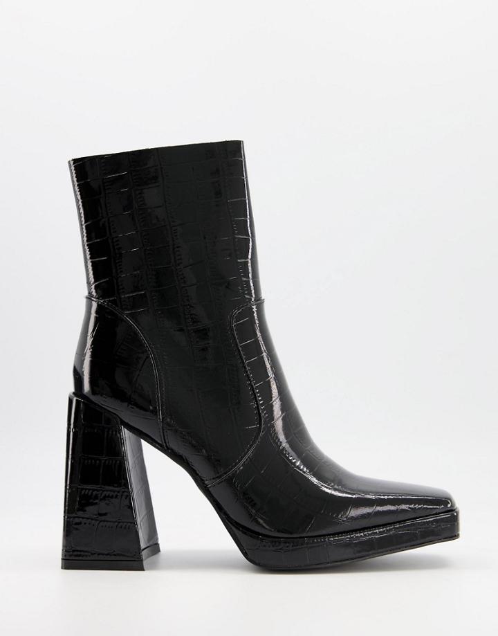 Raid Silonna Square Toe Boots In Black Patent Croc