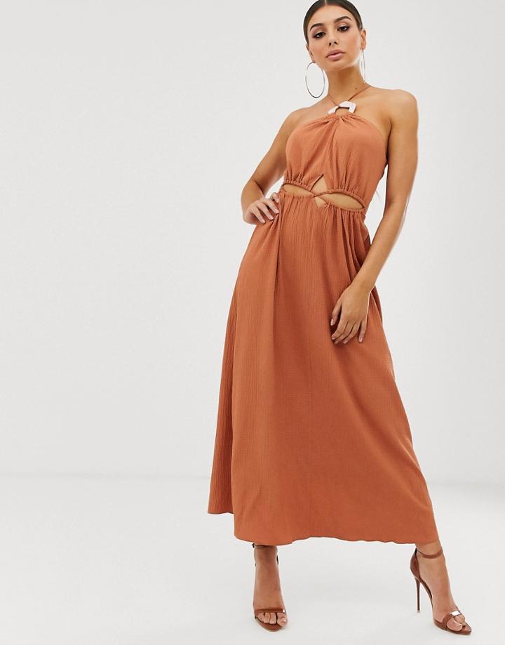 Asos Design Halter Neck Cut Out Maxi Dress With Trim Detail-brown