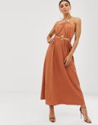 Asos Design Halter Neck Cut Out Maxi Dress With Trim Detail-brown