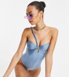 Asos Design Tall Twist One Shoulder Swimsuit In Dusky Blue-blues