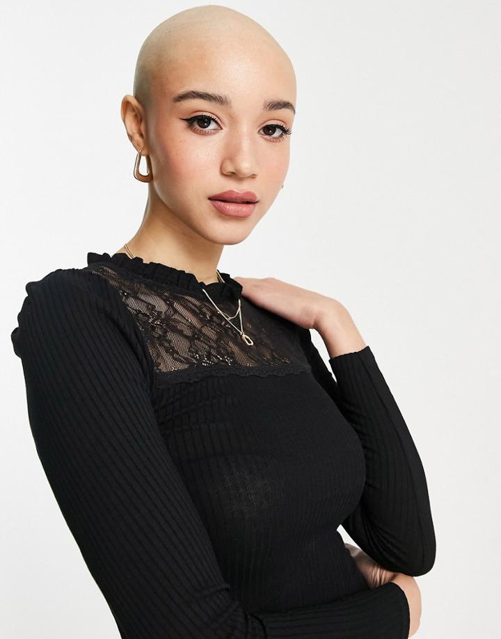 Miss Selfridge Long Sleeve Lace Insert Frill Neck Top-black