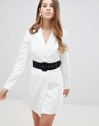 Asos Design Tux Mini Dress With Belt - White