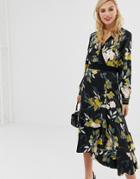 Liquorish Wrap Front Floral Midi Dress With Tiered Hem