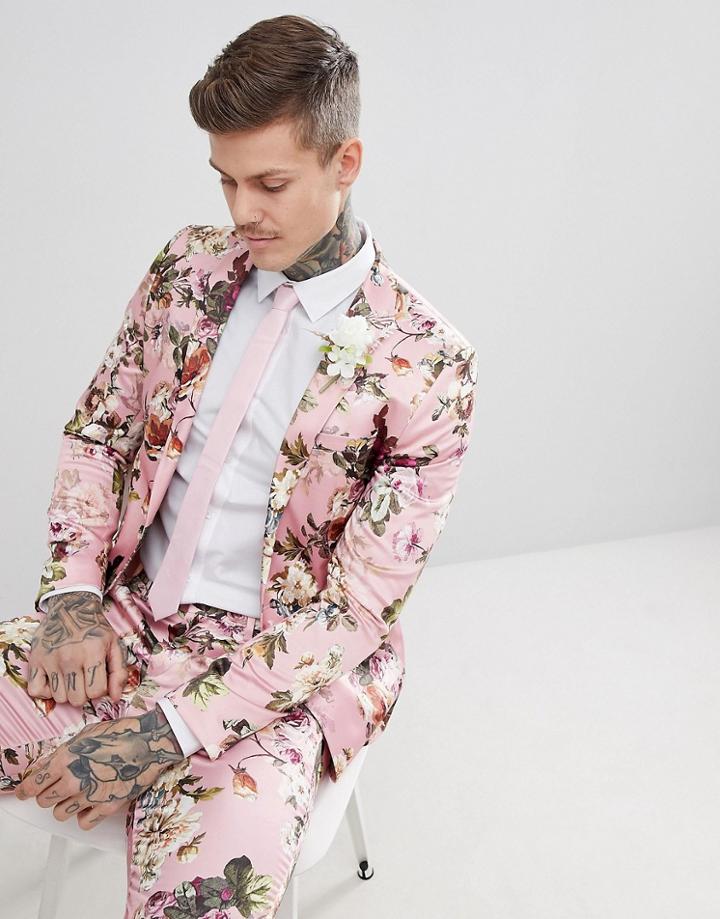 Asos Edition Wedding Skinny Suit Jacket In Blush Floral Sateen Print - Pink