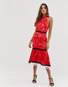 Forever U Halter Neck Crochet Lace Midi Dress In Red - Red