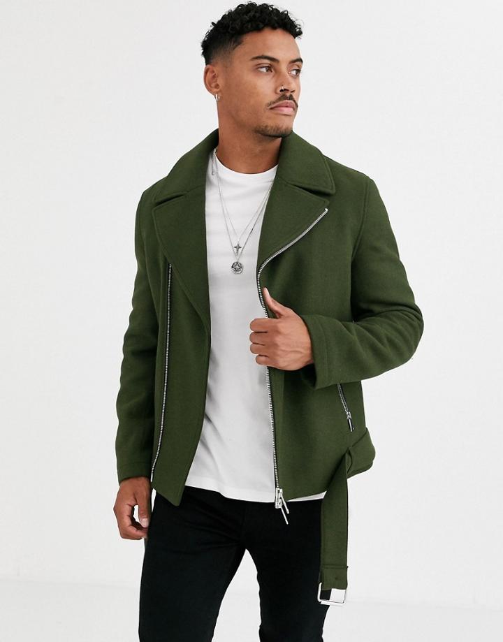 Asos Design Wool Mix Belted Biker Jacket In Khaki