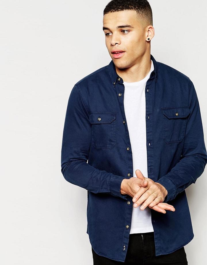 Pull & Bear Twill Shirt In Navy Regular Fit - Blue