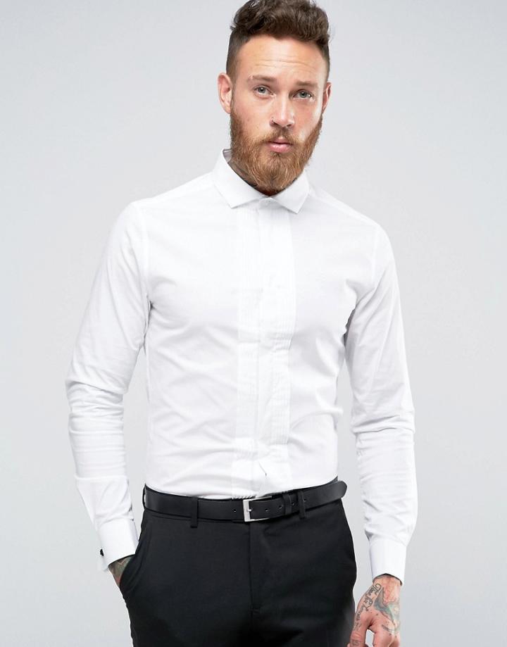 Asos Skinny Shirt With Pleat Front And Double Cuff - White