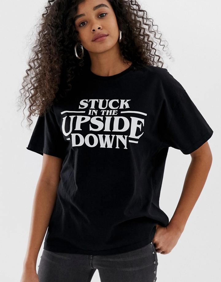 Pull & Bear Stranger Things Upside Down Motif T Shirt In Black - Black