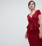 City Goddess Tall V Neck Peplum Midi Dress-red