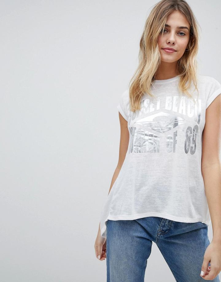 Brave Soul Sunset Beach T-shirt With Foil Print - Cream