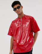 Asos Design Oversized T-shirt With Zip Puller In Vinyl Fabric In Red - Red