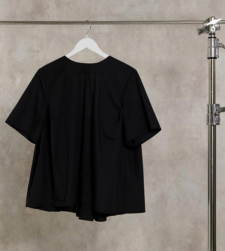 Asos Design Curve Short Sleeve Cotton Top With Pleat Back Detail In Black