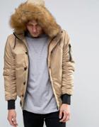 Siksilk Bomber Jacket With Faux Fur Hood - Stone