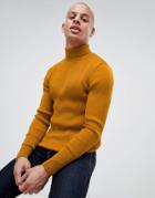 Asos Design Muscle Fit Ribbed Roll Neck Sweater In Mustard - Yellow