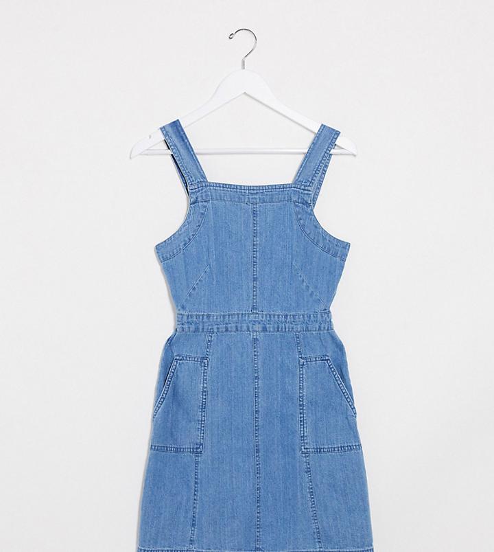 Asos Design Tall Soft Denim Pinafore In Midwash Blue-blues