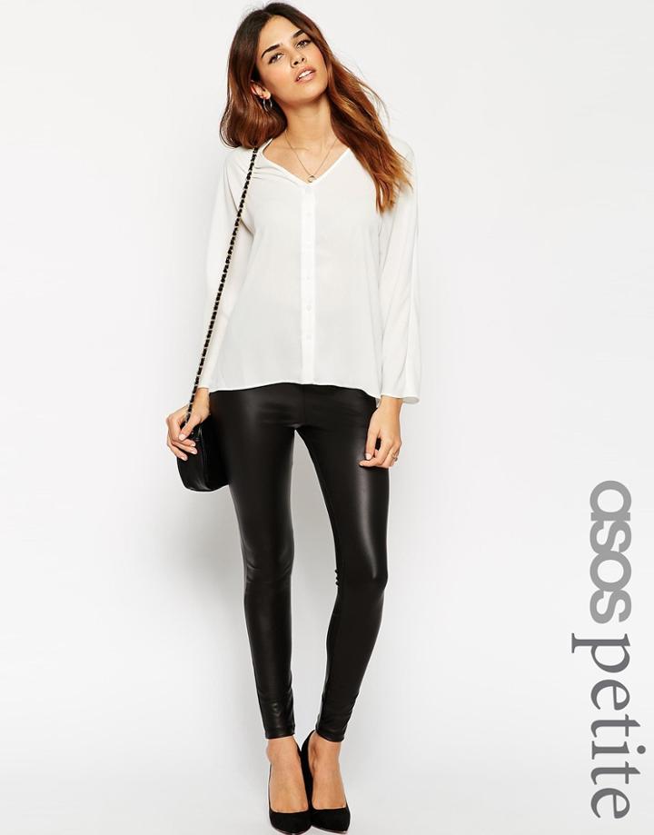 Asos Petite Leather Look Leggings With Elastic Slim Waist - Black