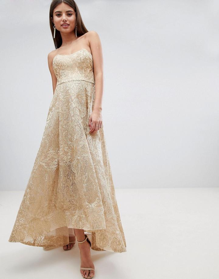 Bariano High Low Bandeau Maxi Dress In Metallic Jacquard-gold