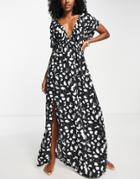 Asos Design Flutter Sleeve Maxi Beach Dress In Mono Spot Print-multi