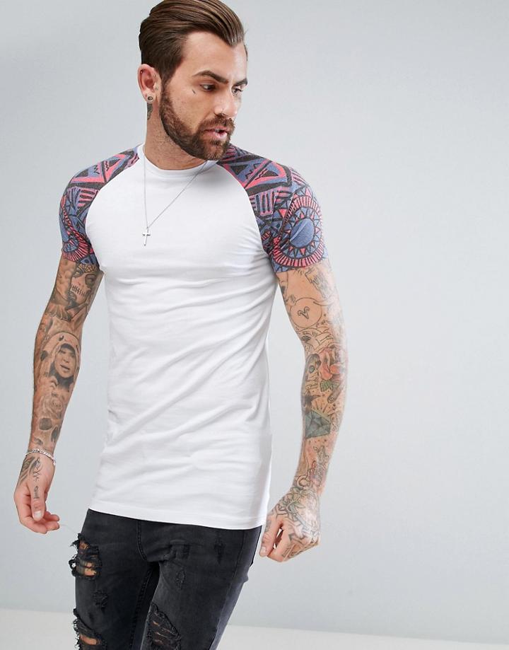 Asos Muscle Super Longline T-shirt With Retro Geo-tribal Raglan Sleeves & Hem Extender - Blue