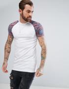 Asos Muscle Super Longline T-shirt With Retro Geo-tribal Raglan Sleeves & Hem Extender - Blue