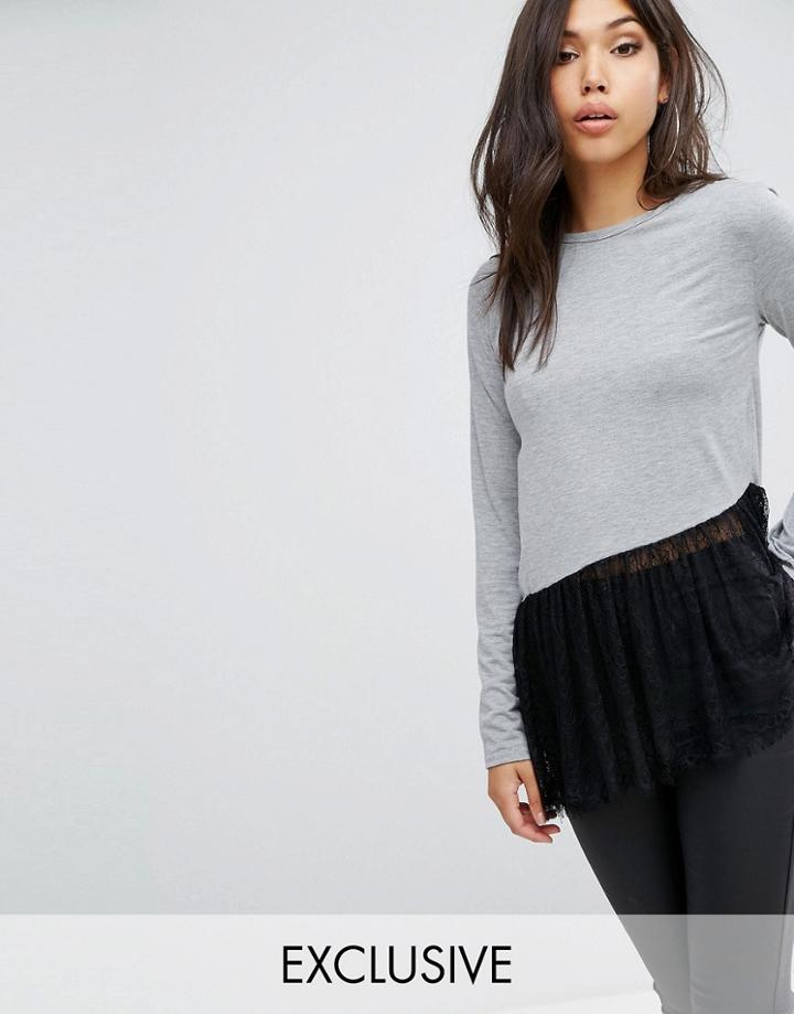 Prettylittlething Long Sleeve Top With Lace Hem - Gray