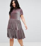 Lost Ink Plus Smock Dress With Ribbon Tie Back In Pleated Velvet - Gray