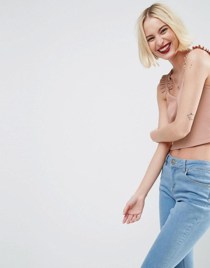 Asos Cami Top In Rib With Ruffle Straps - Pink