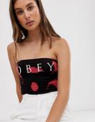 Obey Bandeau Crop Top With Logo Front In Bleach Wash