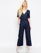 Asos Denim Wide Leg Jumpsuit In Cropped Length With Tie Back - Indigo