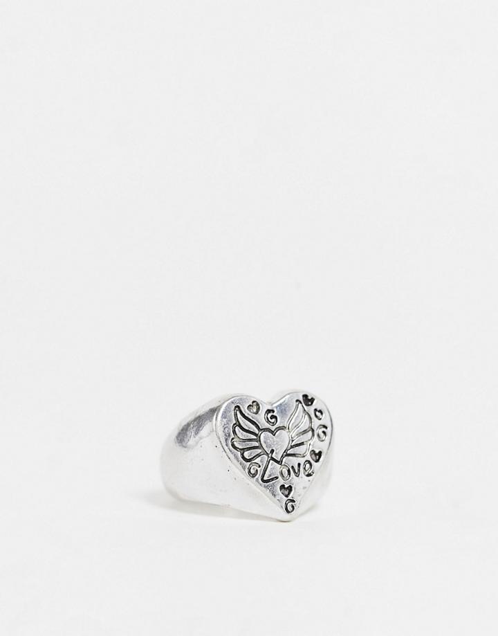 Designb London Ring With Etched Heart Motif In Silver