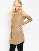 Asos Longline Top With Cold Shoulder In Fancy Rib With Long Sleeves - Khaki