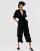 Asos Design Tux Tie Waist Jumpsuit With Wide Leg-black