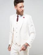 Devils Advocate Wedding Skinny Fit Cream Weave Suit Jacket With Burgundy Floral Lapel Pin - Cream