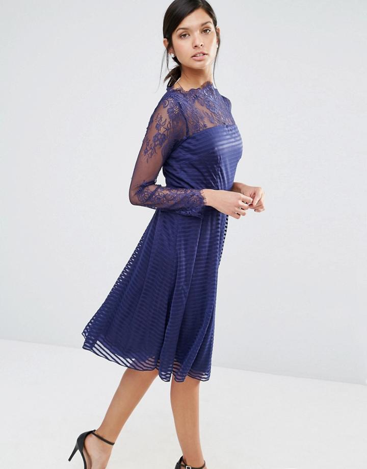 Little Mistress Lace Long Sleeve Skater Dress - Navy