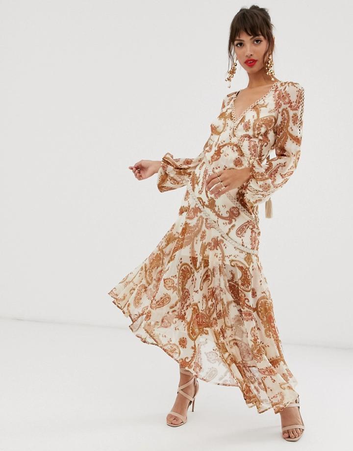 Asos Design Midi Dress With Long Sleeve And Lace Trim In Paisley Print And Tassle Tie - Multi